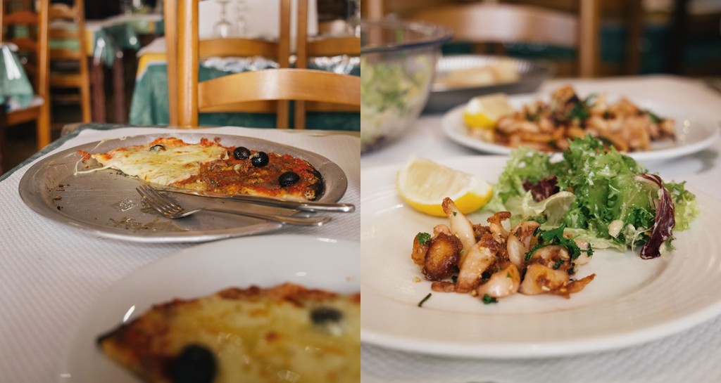 Pizzaria Chez Etienne的小烏賊佐大蒜與荷蘭芹(右圖)，不過，這裡的主角是柴燒窯烤披薩。