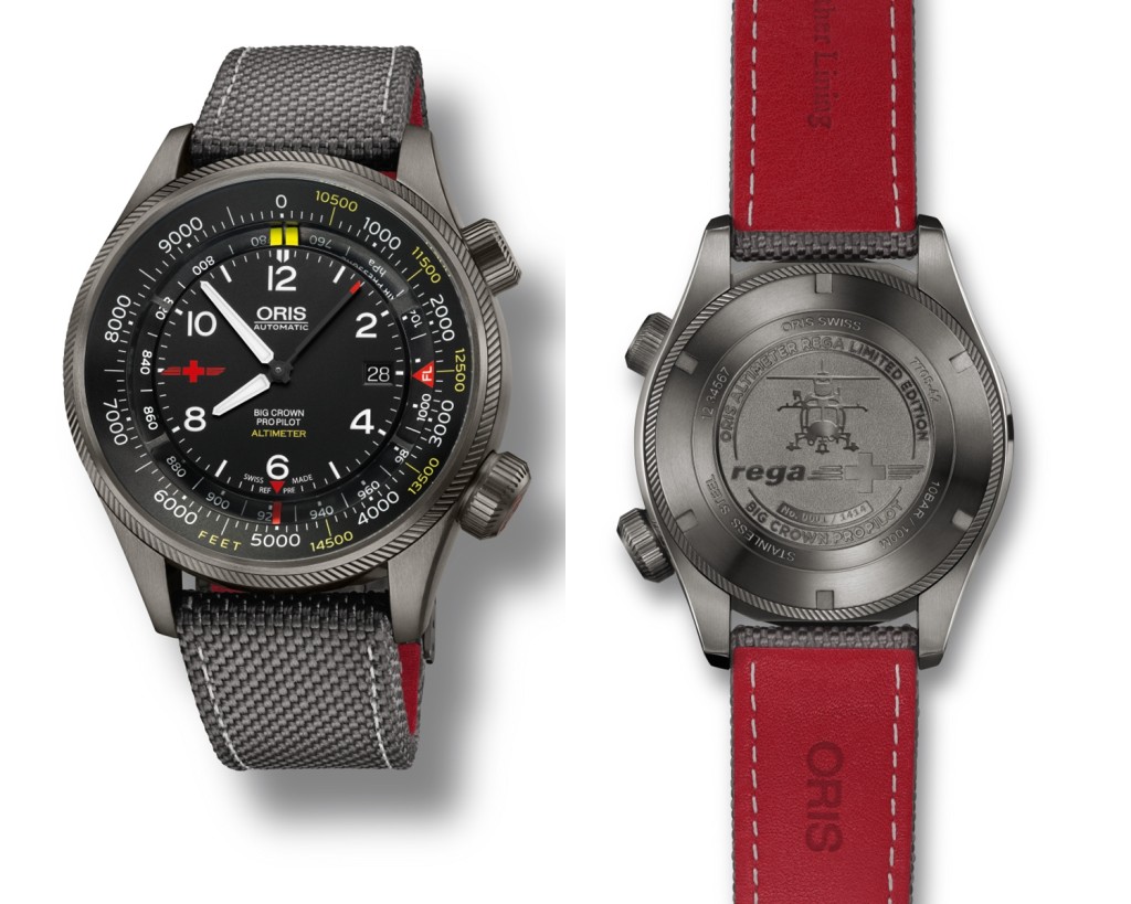 Oris Altimeter Rega限量錶具有自動機械機芯和機械高度計功能，槍灰色PVD塗層的不銹鋼錶殼底蓋鐫刻Rega標誌與限量編號。