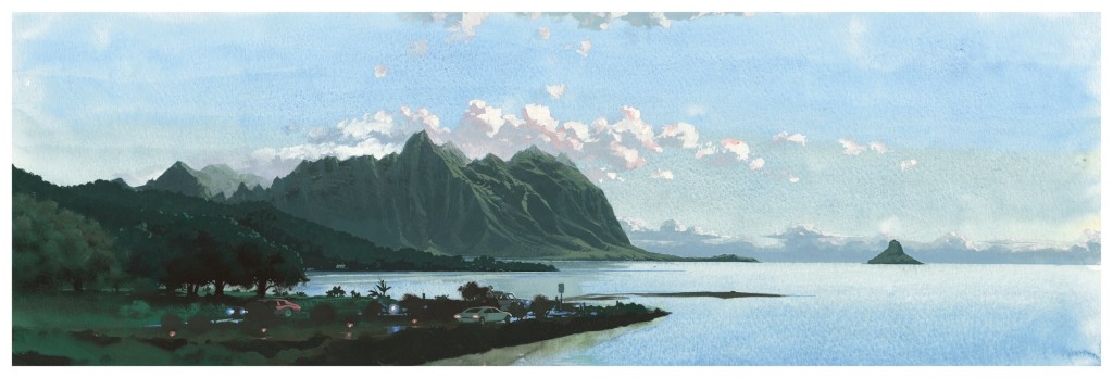 Louis Vuitton Travel Book Hawai, illustre par Esad Ribic, 2017: Kane' ohe Bay with Chinaman' s Hat Island.