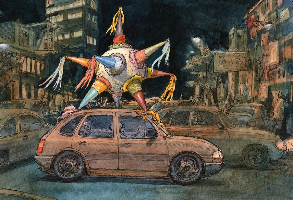 Louis Vuitton Travel Book Mexico, illustre par Nicolas de Crecy, 2017 : seven-pointed pinata beingtransported on the roof of a car