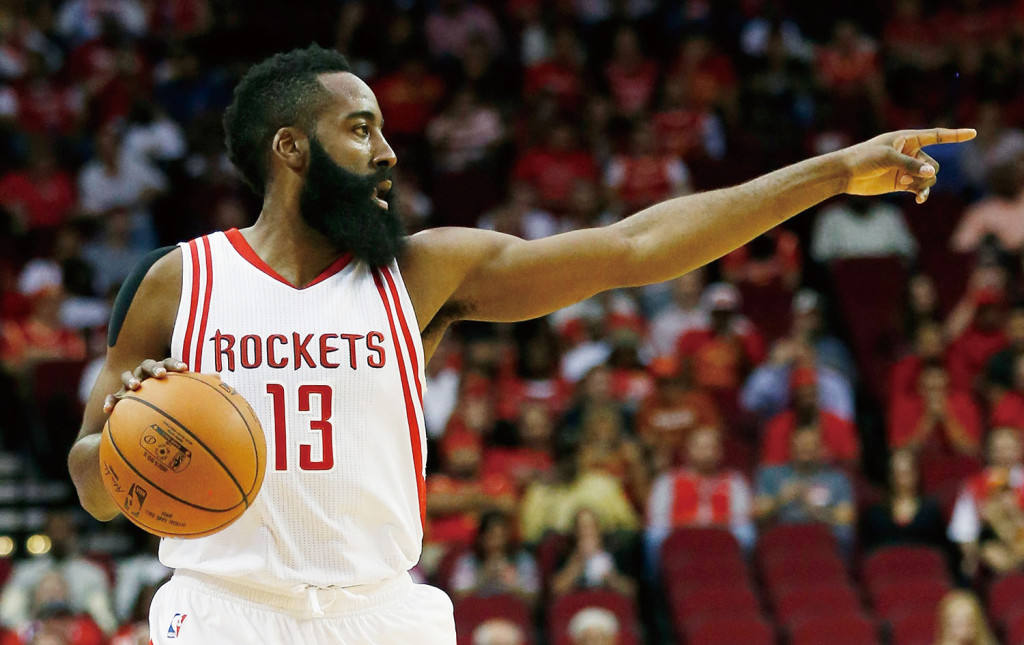 HOUSTON, TX - OCTOBER 28:  James Harden #13 of the Houston Rockets calls a play during their game against the Denver Nuggets at the Toyota Center on October 28, 2015 in Houston, Texas.  (Photo by Scott Halleran/Getty Images)