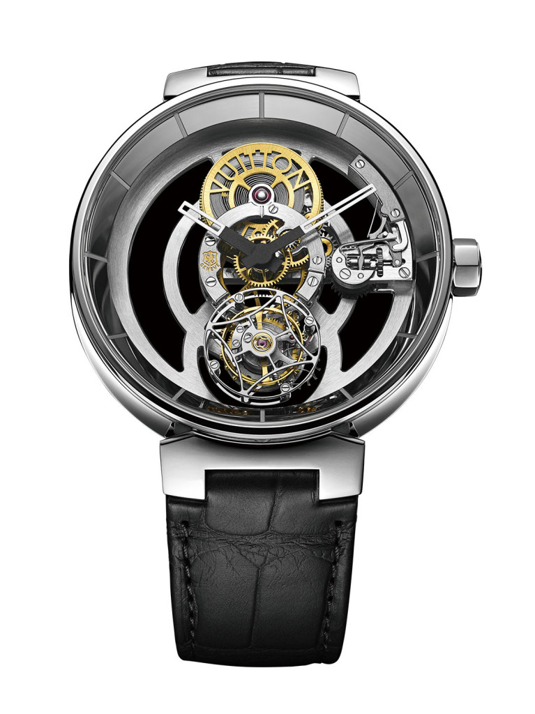 Tambour Moon Tourbillon Valant （Poinçon de Genève） LV獲得日內瓦印記認證的最新錶款，高難度的鏤空陀 飛輪機芯，突顯複雜製錶工藝獲得肯定，並整合時尚 設計風格，是當今LV錶藝的經典之作。 ．LV97手上鍊機械機芯 ．震頻：每小時21600次 ．錶殼直徑42.5毫米 ．錶殼厚度9.65毫米 建議售價23萬歐元